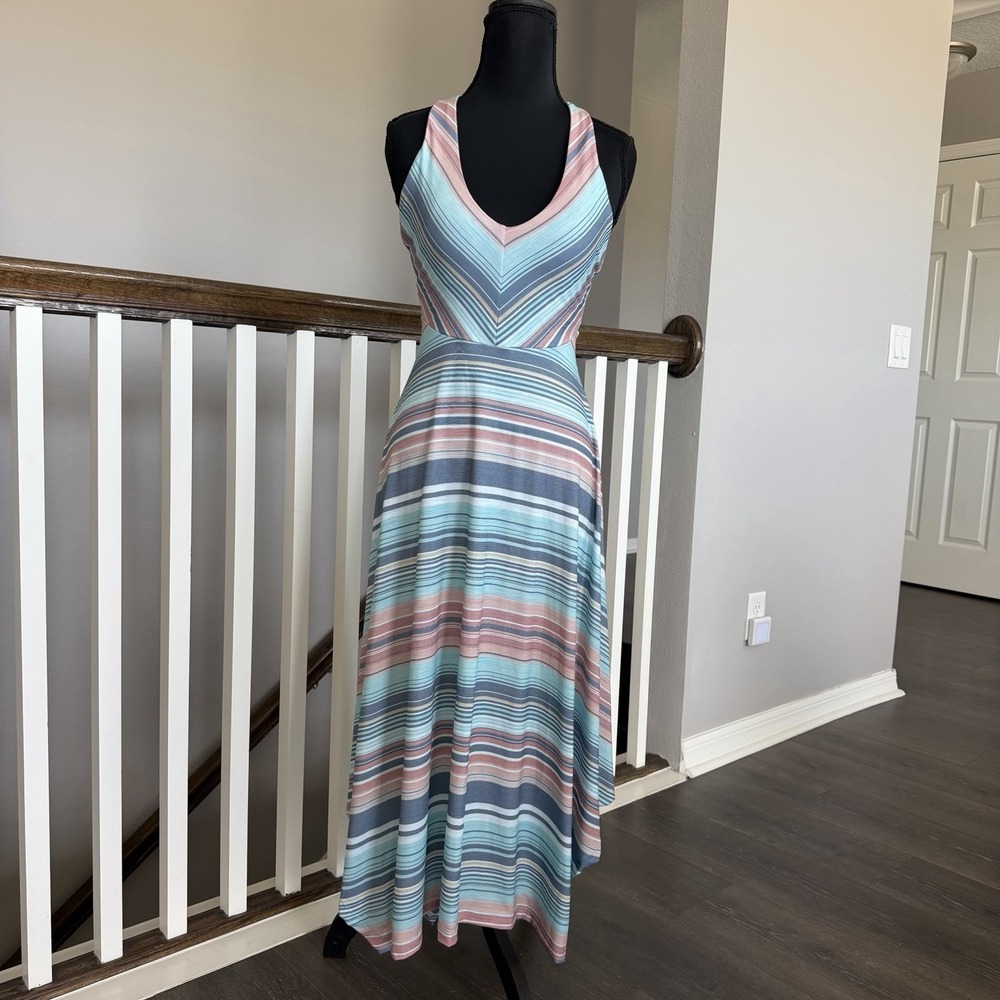 PrAna Josepina Stripe Halter Maxi Hankerchief Dress XS Shelf Bra Gorpcore Sporty
